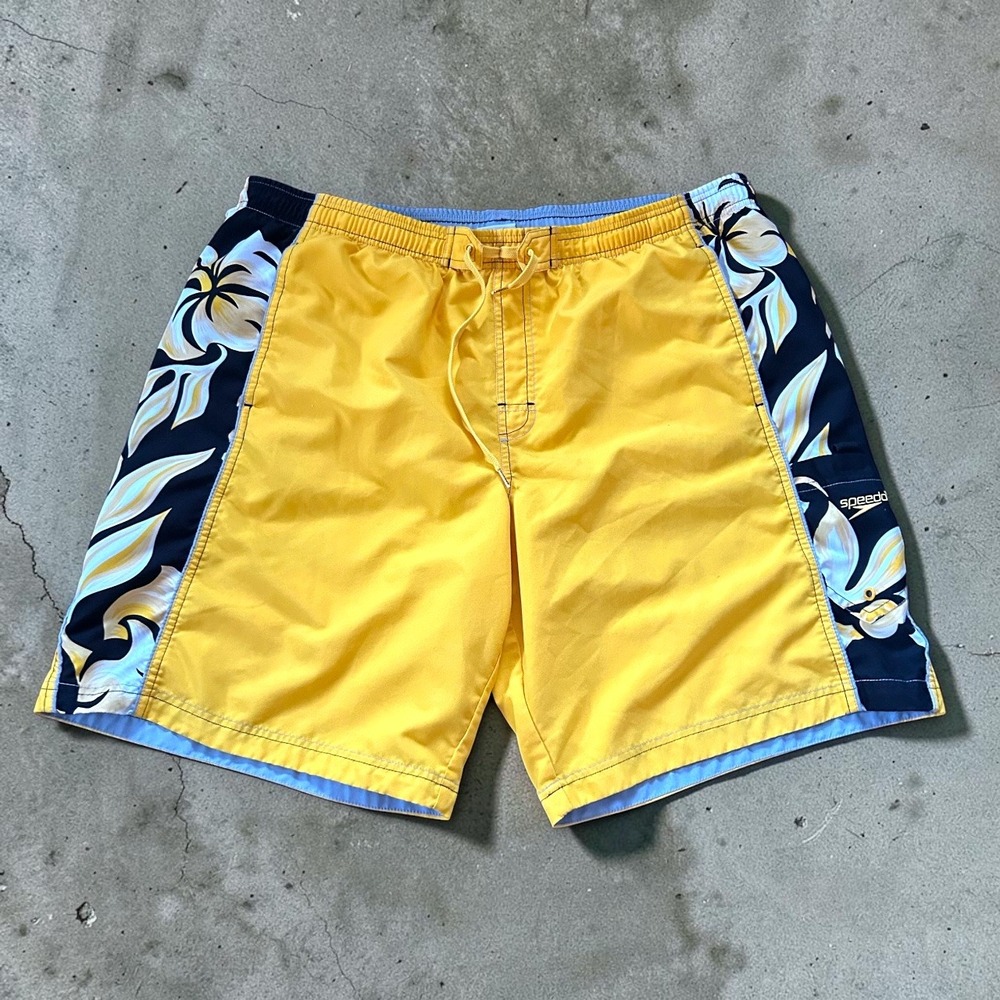 Speedo Yellow Hibiscus Floral Board Shorts Swim Trunks Retro Skater Large